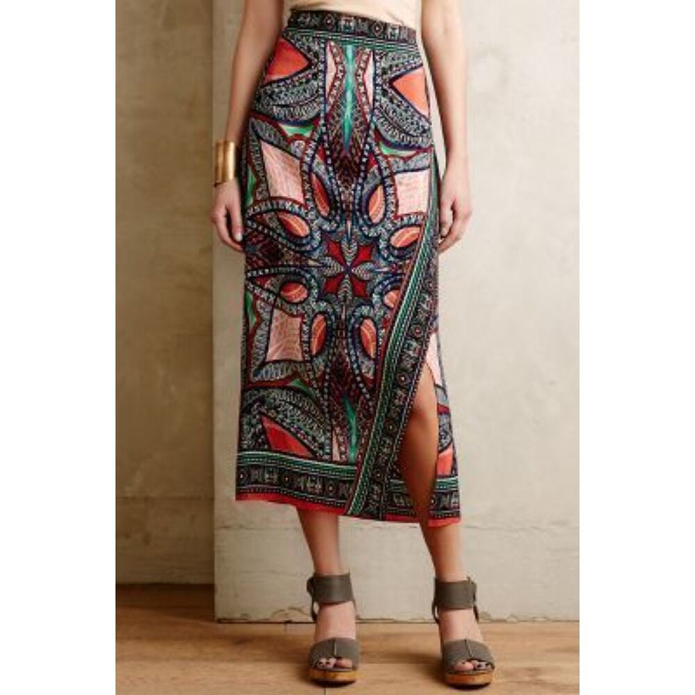 Anthropologie Maeve Geoda Silk Wrap Skirt blue coral size 6